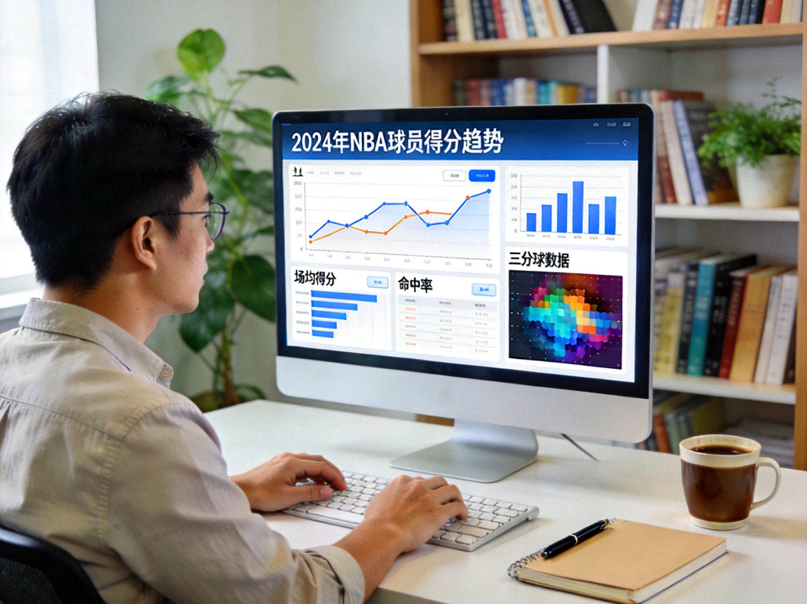 数据科学家在电脑前分析体育数据可视化图表